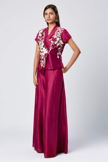 Madder Much_Wine Cotton, Silk Shawl Neck Asymmetric Embroidered Vest And Flared Pant Set _at_Aza_Fashions