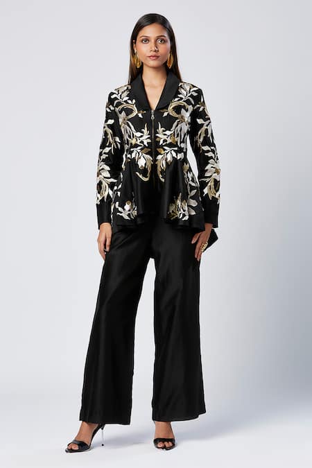 Madder Much Dalton Thread Embroidered Peplum Jacket With Flared Pant 