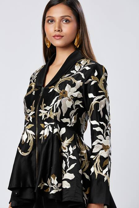 Madder Much_Black Cotton, Silk Sequins V-neck Peplum Jacket And Flared Pant Set _Online_at_Aza_Fashions