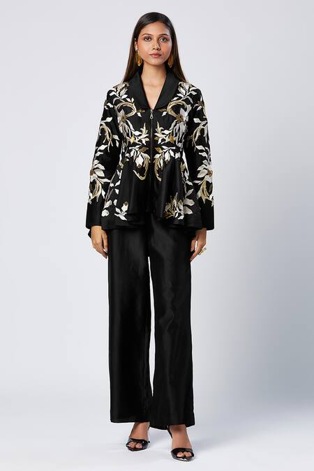 Shop_Madder Much_Black Cotton, Silk Sequins V-neck Peplum Jacket And Flared Pant Set _Online_at_Aza_Fashions