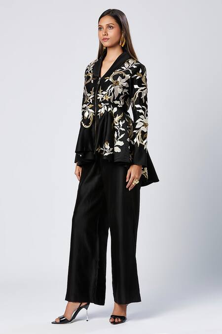 Madder Much_Black Cotton, Silk Sequins V-neck Peplum Jacket And Flared Pant Set _at_Aza_Fashions