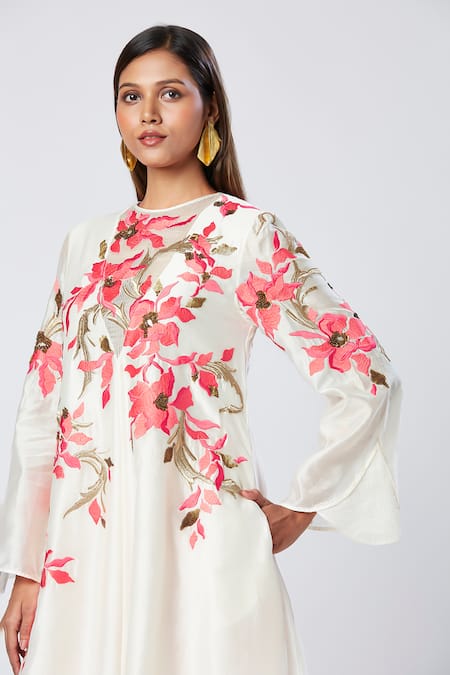 Madder Much_Ivory Cotton, Silk Sequins Round Neck Embroidered And Peach Tunic Set _Online_at_Aza_Fashions