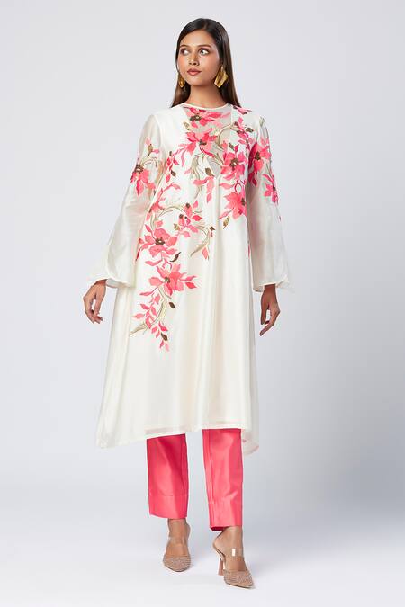 Buy_Madder Much_Ivory Cotton, Silk Sequins Round Neck Embroidered And Peach Tunic Set _Online_at_Aza_Fashions