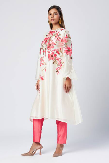 Madder Much_Ivory Cotton, Silk Sequins Round Neck Embroidered And Peach Tunic Set _at_Aza_Fashions