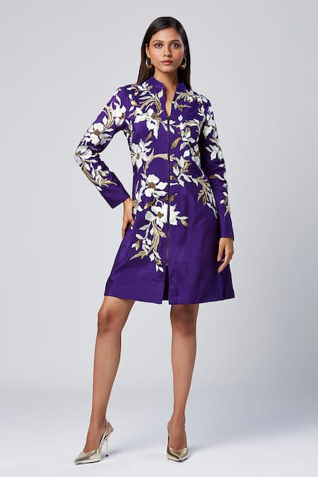 Madder Much Purple Silk Thread Embroidered Blazer Dress 