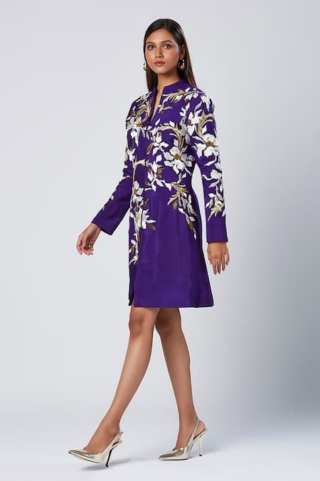 Madder Much_Purple Viscose, Silk Sequins, Embroidery Mandarin Collar Thread Blazer Dress _Online_at_Aza_Fashions