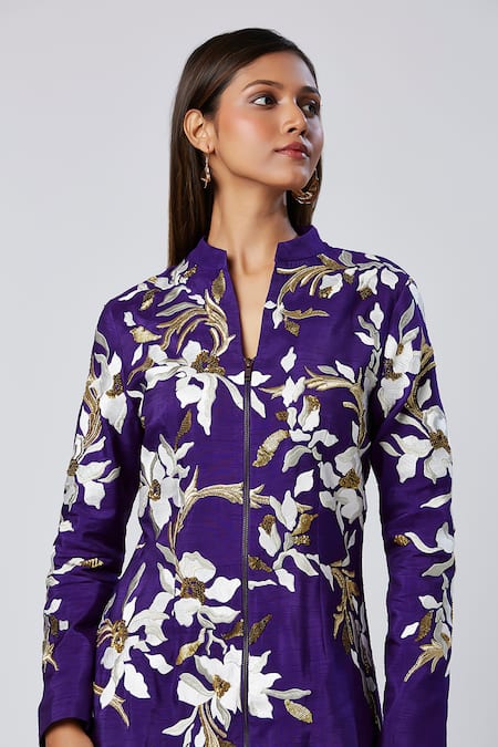 Buy_Madder Much_Purple Viscose, Silk Sequins, Embroidery Mandarin Collar Thread Blazer Dress _Online_at_Aza_Fashions
