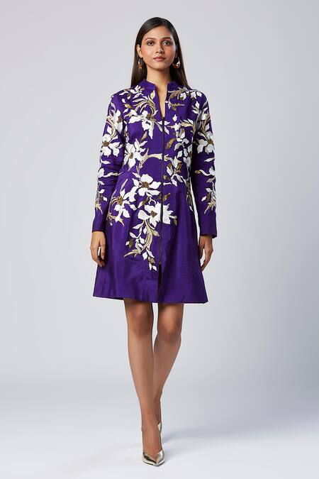 Shop_Madder Much_Purple Viscose, Silk Sequins, Embroidery Mandarin Collar Thread Blazer Dress _Online_at_Aza_Fashions