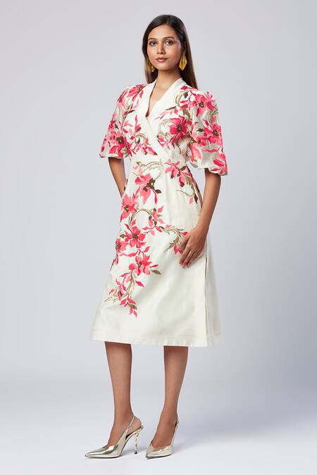 Madder Much_Ivory Cotton, Silk Sequins, Embroidery Mandarin Collar Midi Dress _Online_at_Aza_Fashions