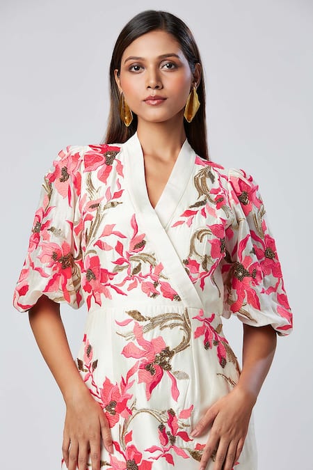 Shop_Madder Much_Ivory Cotton, Silk Sequins, Embroidery Mandarin Collar Midi Dress _Online_at_Aza_Fashions