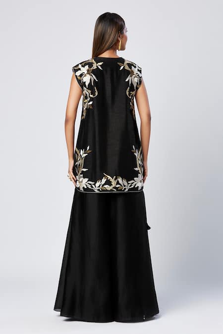 Shop Madder Much Black Silk, Cotton, Rayon Sequins Round Neck Embroidered Tunic And Flared Pant Set at Aza Fashions Shop_Madder Much_Black Silk, Cotton, Rayon Sequins Round Neck Embroidered Tunic And Flared Pant Set _at_Aza_Fashions