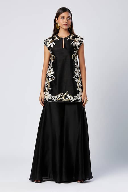 Madder Much Black Silk, Cotton, Rayon Sequins Round Neck Embroidered Tunic And Flared Pant Set Online at Aza Fashions Madder Much_Black Silk, Cotton, Rayon Sequins Round Neck Embroidered Tunic And Flared Pant Set _Online_at_Aza_Fashions