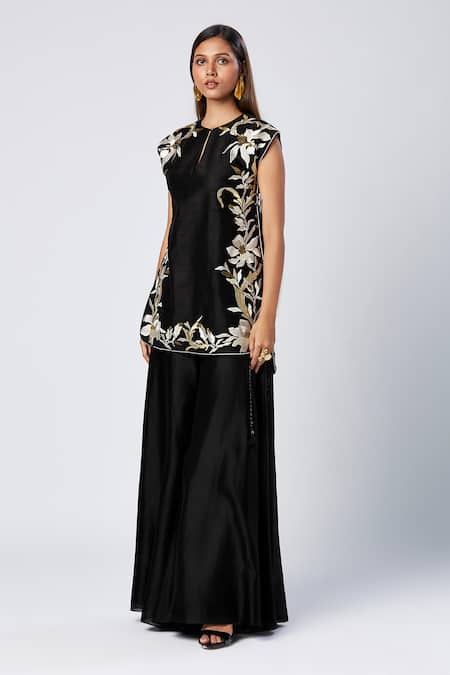 Shop Madder Much Black Silk, Cotton, Rayon Sequins Round Neck Embroidered Tunic And Flared Pant Set Online at Aza Fashions Shop_Madder Much_Black Silk, Cotton, Rayon Sequins Round Neck Embroidered Tunic And Flared Pant Set _Online_at_Aza_Fashions