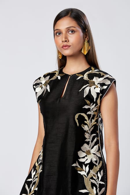 Madder Much Black Silk, Cotton, Rayon Sequins Round Neck Embroidered Tunic And Flared Pant Set at Aza Fashions Madder Much_Black Silk, Cotton, Rayon Sequins Round Neck Embroidered Tunic And Flared Pant Set _at_Aza_Fashions