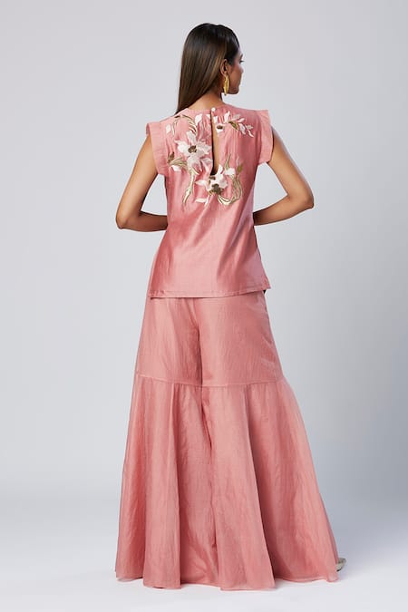 Madder Much Coral Peach Embroidered Tunic & Gharara Set 