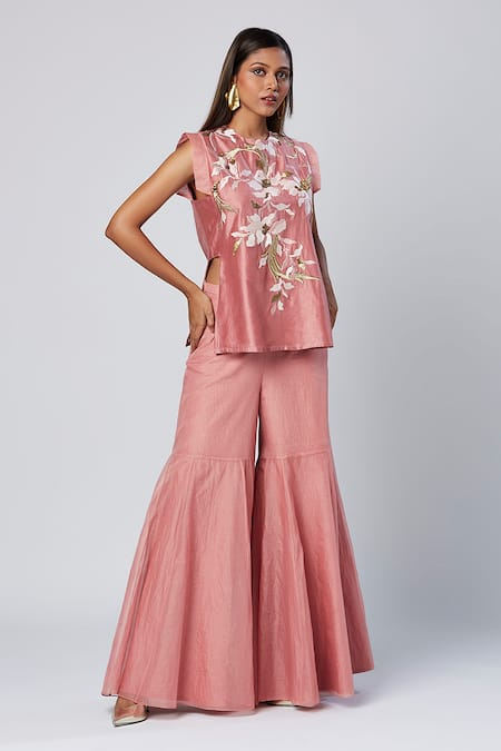 Shop_Madder Much_Coral Cotton, Silk Sequins, Embroidery Round Neck Peach Tunic And Gharara Set _Online_at_Aza_Fashions