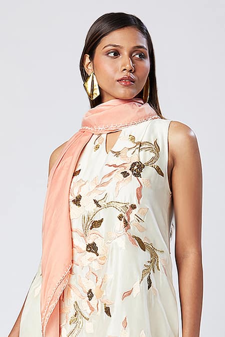 Madder Much_Ivory Silk, Cotton Sequins, Embroidery Bandeau Neck Floral Tunic Pant Set _Online_at_Aza_Fashions