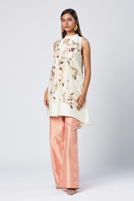 Shop_Madder Much_Ivory Silk, Cotton Sequins, Embroidery Bandeau Neck Floral Tunic Pant Set _Online_at_Aza_Fashions