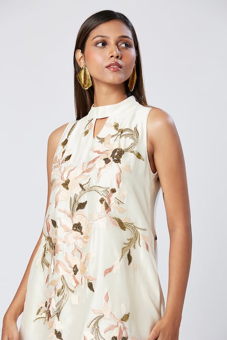 Madder Much_Ivory Silk, Cotton Sequins, Embroidery Bandeau Neck Floral Tunic Pant Set _at_Aza_Fashions