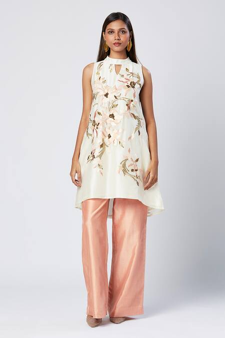 Buy_Madder Much_Ivory Silk, Cotton Sequins, Embroidery Bandeau Neck Floral Tunic Pant Set 