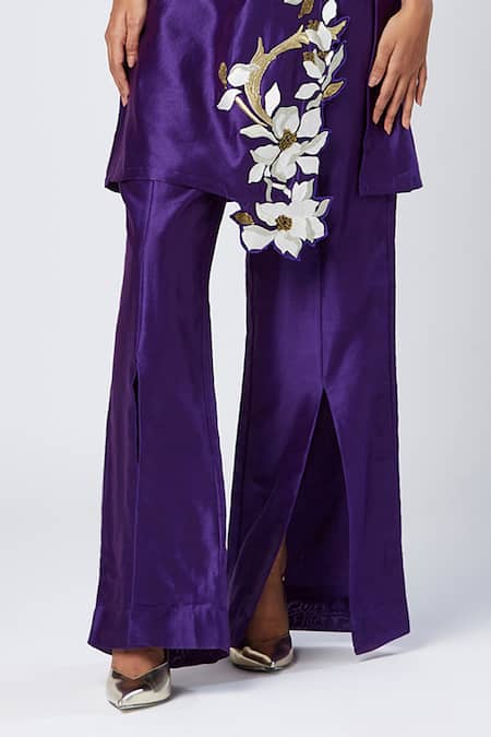 Madder Much_Purple Silk, , Satin Sequins Boat Embroidered Tunic And Slit Pant Set _Online_at_Aza_Fashions