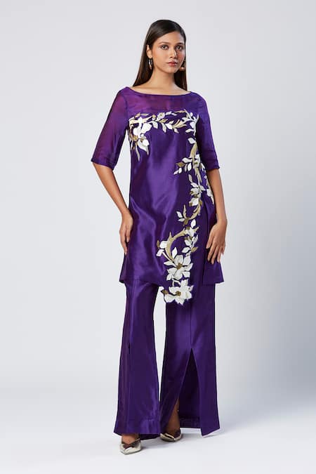 Buy_Madder Much_Purple Silk, , Satin Sequins Boat Embroidered Tunic And Slit Pant Set _Online_at_Aza_Fashions