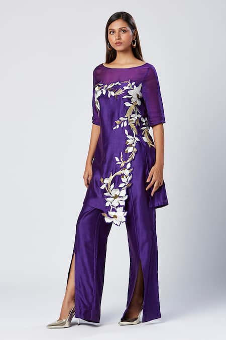 Shop_Madder Much_Purple Silk, , Satin Sequins Boat Embroidered Tunic And Slit Pant Set _Online_at_Aza_Fashions