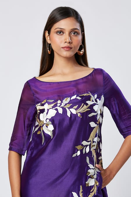 Madder Much_Purple Silk, , Satin Sequins Boat Embroidered Tunic And Slit Pant Set _at_Aza_Fashions