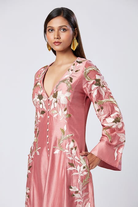 Madder Much_Pink Cotton, Silk Sequins, Embroidery V-neck Thread Midi Dress _Online_at_Aza_Fashions