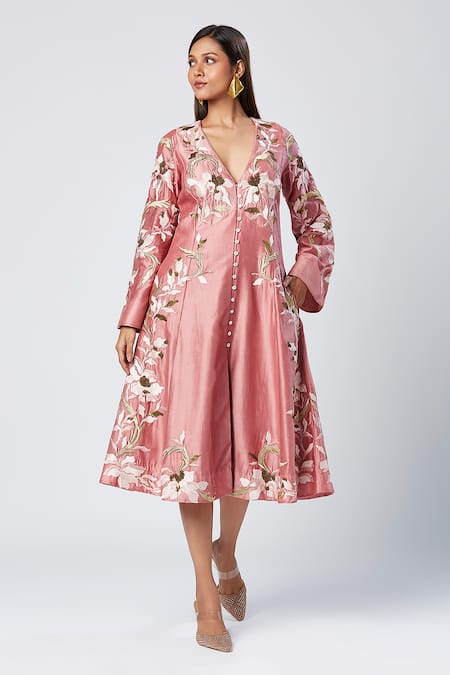 Buy_Madder Much_Pink Cotton, Silk Sequins, Embroidery V-neck Thread Midi Dress _Online_at_Aza_Fashions
