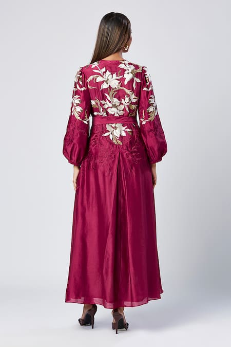 Shop Madder Much Wine Cotton, Silk Sequins, Embroidery Split V-neck Floral Maxi Dress With Belt at Aza Fashions Shop_Madder Much_Wine Cotton, Silk Sequins, Embroidery Split V-neck Floral Maxi Dress With Belt _at_Aza_Fashions