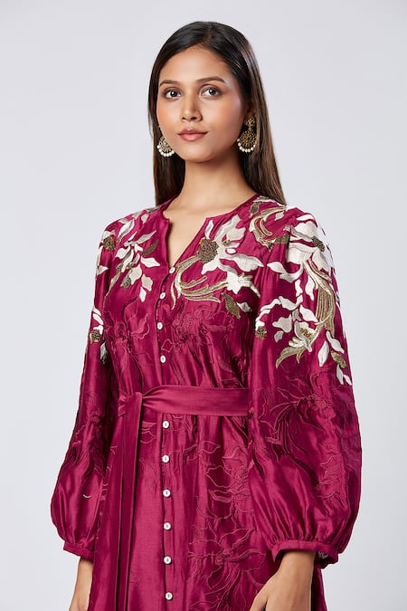 Madder Much Wine Cotton, Silk Sequins, Embroidery Split V-neck Floral Maxi Dress With Belt Online at Aza Fashions Madder Much_Wine Cotton, Silk Sequins, Embroidery Split V-neck Floral Maxi Dress With Belt _Online_at_Aza_Fashions