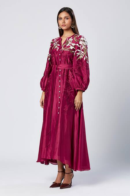 Buy Madder Much Wine Cotton, Silk Sequins, Embroidery Split V-neck Floral Maxi Dress With Belt Online at Aza Fashions Buy_Madder Much_Wine Cotton, Silk Sequins, Embroidery Split V-neck Floral Maxi Dress With Belt _Online_at_Aza_Fashions