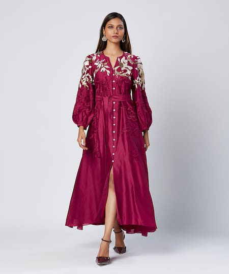 Shop Madder Much Wine Cotton, Silk Sequins, Embroidery Split V-neck Floral Maxi Dress With Belt Online at Aza Fashions Shop_Madder Much_Wine Cotton, Silk Sequins, Embroidery Split V-neck Floral Maxi Dress With Belt _Online_at_Aza_Fashions