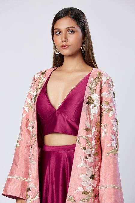 Madder Much_Wine Silk, Cotton Sequins, Embroidery V-neck, Plain Lehenga Set With Jacket _Online_at_Aza_Fashions