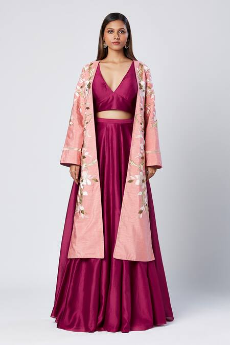 Buy_Madder Much_Wine Silk, Cotton Sequins, Embroidery V-neck, Plain Lehenga Set With Jacket _Online_at_Aza_Fashions