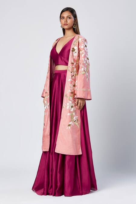 Shop_Madder Much_Wine Silk, Cotton Sequins, Embroidery V-neck, Plain Lehenga Set With Jacket _Online_at_Aza_Fashions