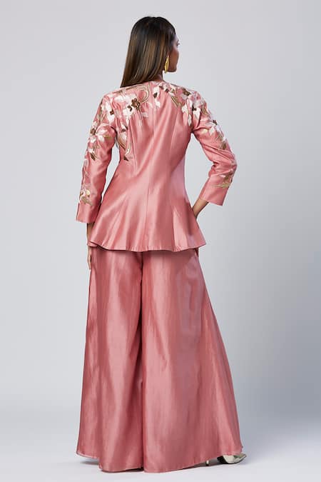 Shop Madder Much Pink Cotton, Silk Sequins V-neck Rose Embroidered Peplum Kurta Set at Aza Fashions Shop_Madder Much_Pink Cotton, Silk Sequins V-neck Rose Embroidered Peplum Kurta Set _at_Aza_Fashions