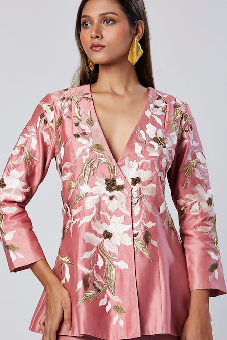 Madder Much Pink Cotton, Silk Sequins V-neck Rose Embroidered Peplum Kurta Set Online at Aza Fashions Madder Much_Pink Cotton, Silk Sequins V-neck Rose Embroidered Peplum Kurta Set _Online_at_Aza_Fashions