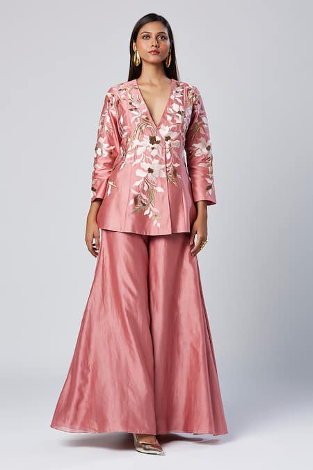 Buy Madder Much Pink Cotton, Silk Sequins V-neck Rose Embroidered Peplum Kurta Set Online at Aza Fashions Buy_Madder Much_Pink Cotton, Silk Sequins V-neck Rose Embroidered Peplum Kurta Set _Online_at_Aza_Fashions
