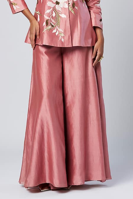 Shop Madder Much Pink Cotton, Silk Sequins V-neck Rose Embroidered Peplum Kurta Set Online at Aza Fashions Shop_Madder Much_Pink Cotton, Silk Sequins V-neck Rose Embroidered Peplum Kurta Set _Online_at_Aza_Fashions