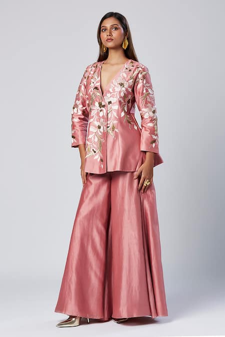 Madder Much Pink Cotton, Silk Sequins V-neck Rose Embroidered Peplum Kurta Set at Aza Fashions Madder Much_Pink Cotton, Silk Sequins V-neck Rose Embroidered Peplum Kurta Set _at_Aza_Fashions