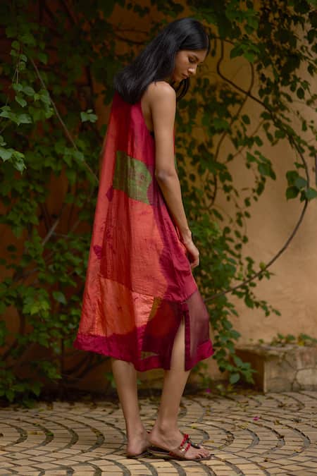 Shop_Medha_Multi Color Silk Patchwork Halter Neck Midi Dress _at_Aza_Fashions
