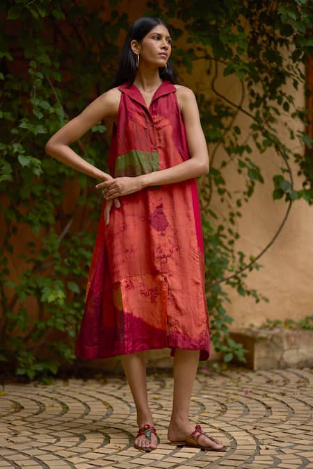Medha_Multi Color Silk Patchwork Halter Neck Midi Dress _Online_at_Aza_Fashions