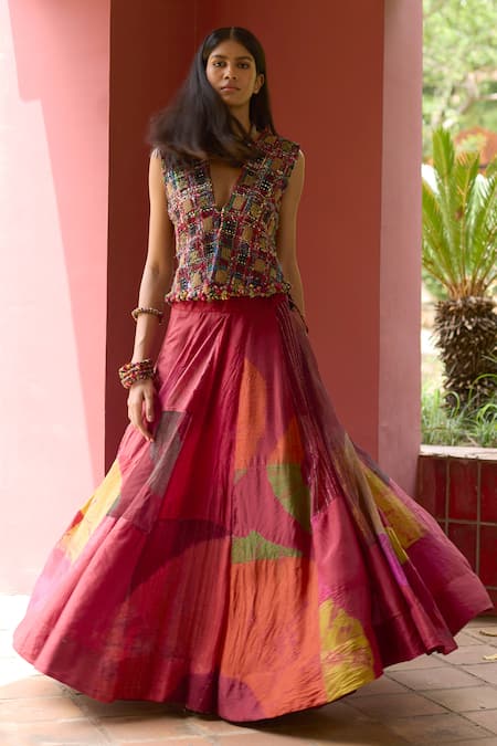 Medha Multicolor Thread Embroidered Gilet & Skirt Set 