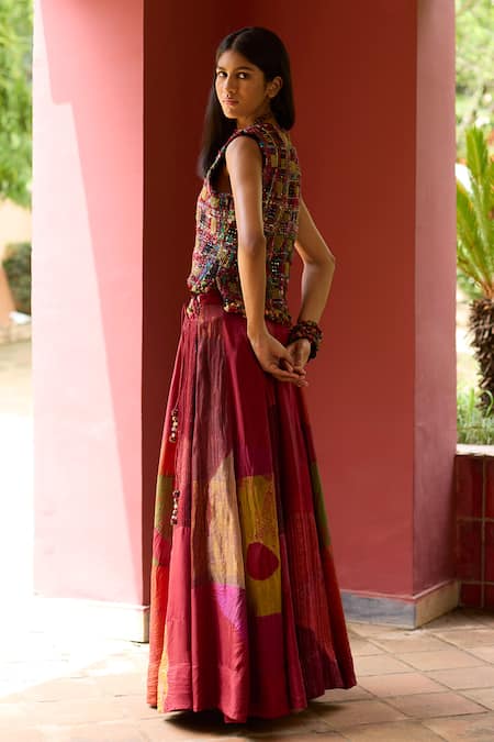 Shop_Medha_Multi Color Cotton, Silk Beads, Multicolor Thread Embroidered Gilet And Skirt Set _at_Aza_Fashions