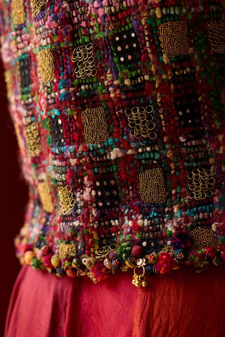 Buy_Medha_Multi Color Cotton, Silk Beads, Multicolor Thread Embroidered Gilet And Skirt Set _Online_at_Aza_Fashions