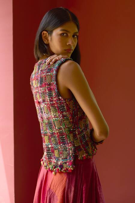 Shop_Medha_Multi Color Cotton, Silk Beads, Multicolor Thread Embroidered Gilet And Skirt Set _Online_at_Aza_Fashions