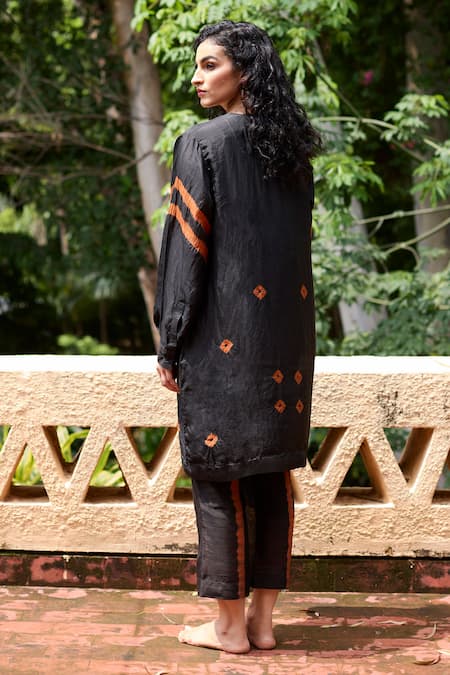 Shop_Medha_Black Crepe, Silk, Cotton Pom-poms, Tie Dye Placement Tunic And Pant Set _at_Aza_Fashions