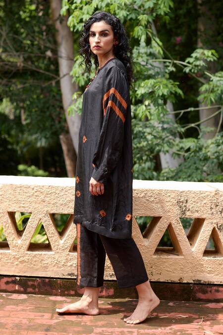 Medha_Black Crepe, Silk, Cotton Pom-poms, Tie Dye Placement Tunic And Pant Set _Online_at_Aza_Fashions